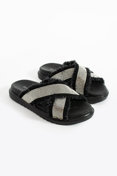 Bufu Angel Black Denim Tasseled Stone Detailed Cross Slippers