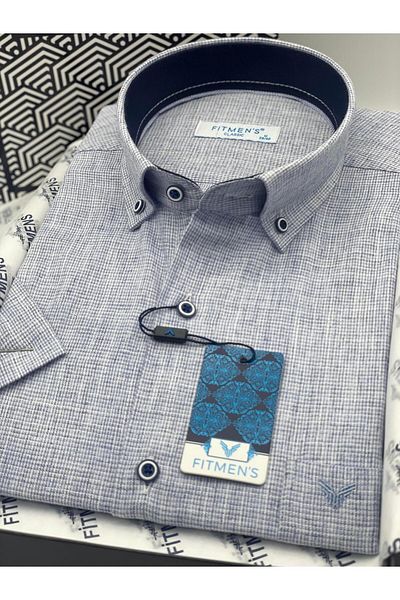 Fitmens Classic Short Sleeve Linen Collar Buttoned Men's Shirt with Gift Box Fs- 003626   - Blue