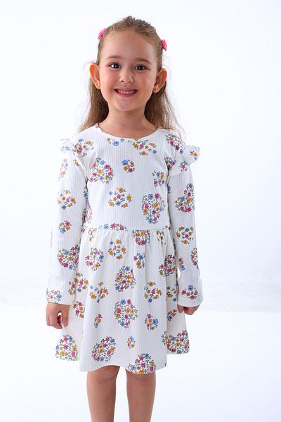 ZUZUNGA White Heart Floral Print Cotton Ribbed Children's Dress (2-6 Years)
