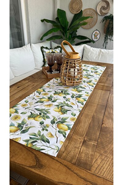 Decamor home Limon Desenli Leke Tutmaz Sarı Yeşil Runner DertsiZ Kumaş