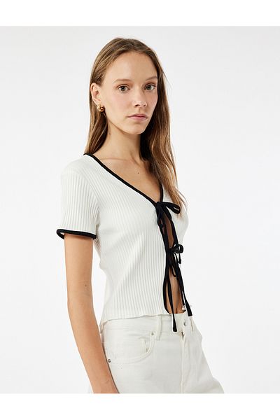 Koton Cotton Short Sleeve Bow T-Shirt with Tie Detail