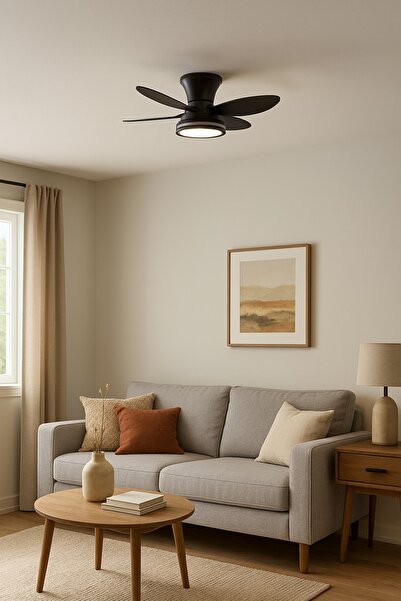 Huzur Elektrik Vanti 30W 28" inç 5 Kanatlı Siyah 3 Renk Kumandalı Ledli Dekoratif Tavan Vantilatörü KCF303