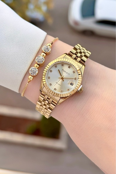 Ferrucci Altın Renk 2 Yıl Garantili 25 Mm Kadın Kol Saati Ve Bileklik