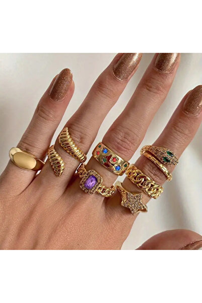 Girift Vintage مجموعة خواتم Yner مكونة من 7 قطع من الذهب على شكل نجمة الأفعى