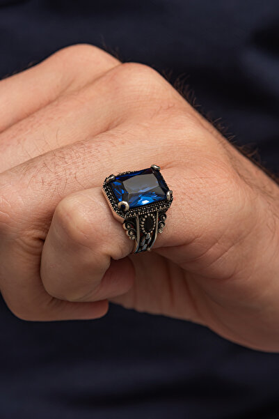 ALYANSEVİM Lacivert Taşlı 925 Gümüş Serçe Parmak Erkek Yüzük