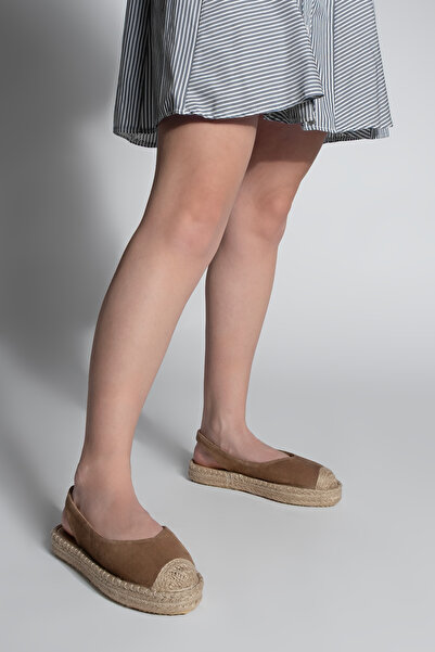 Marjin Camel Suede Women's Sandals - Genuine Leather, Open Back, Jute Espadrilles