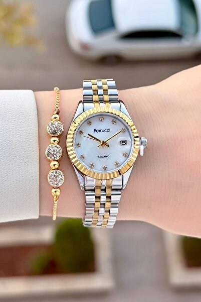 Ferrucci Sarı Silver Renk 24 Ay Garantili 25 Mm Kadın Kol Saati ve Bileklik