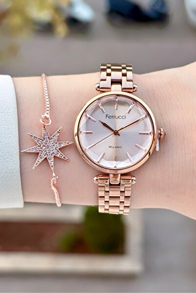 Ferrucci Bakır Renk 24 Ay Garantili 35 Mm Kadın Kol Saati ve Bileklik