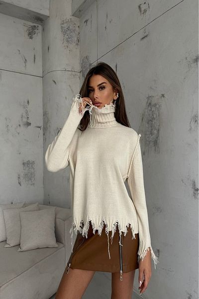 lovebox Women's Turtleneck Laser Detail Beige Sweater 23W16005