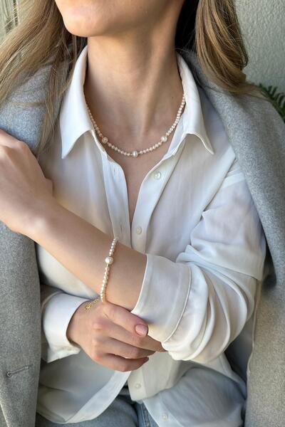 Birinci1926 925 Ayar Gümüş Dorikalı 4 Mm Inci Kadın Kolye Bileklik Ikili Set