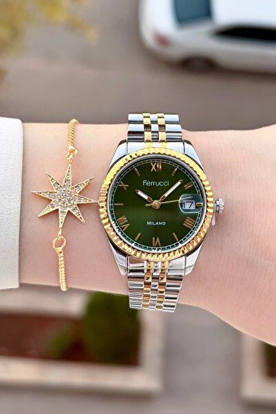 Ferrucci Kadranı Yeşil Kordonu Sarı Silver Renk 24 Ay Garantili 35 Mm Kadın K...