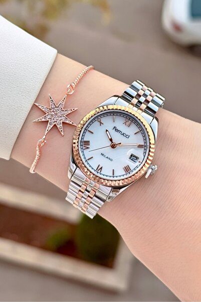 Ferrucci Bronz Metalik Renk 2 Yıl Garantili 35 Mm Kadın Kol Saati Ve Bileklik