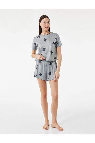 Koton Short Sleeve Crew Neck Bow Printed Shorts Pajama Set