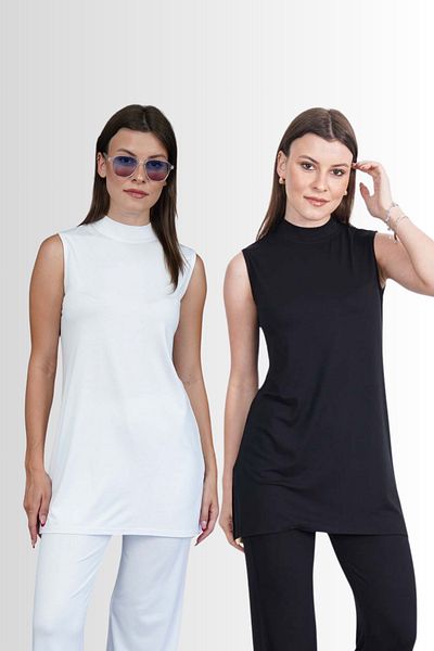 penyebizden Viscose Sleeveless Tunic 2 Pieces Sale-Black-White