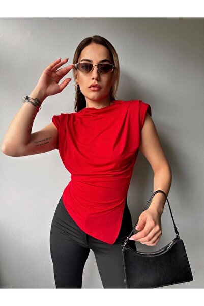 ÇTN GYM DİK YAKA YANLARI BÜZGÜ-DRAPE DETAYLI ASİMETRİK BLUZ