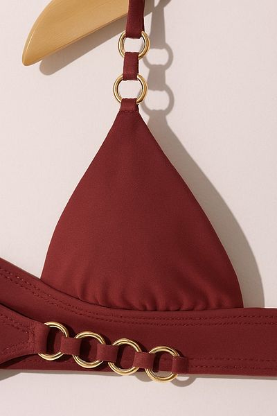 Urrenn Gold Ring Detailed Semi-Brazilian Triangle Bikini Set Claret Red |   Unassisted, Beach Wear