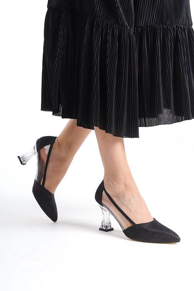 EPTC Black Glitter Transparent Stiletto - Scalloped Evening Dress High Heels, Large Size