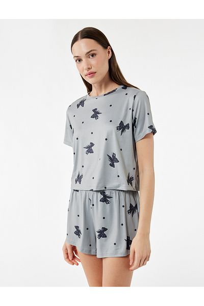 Koton Short Sleeve Crew Neck Bow Printed Shorts Pajama Set