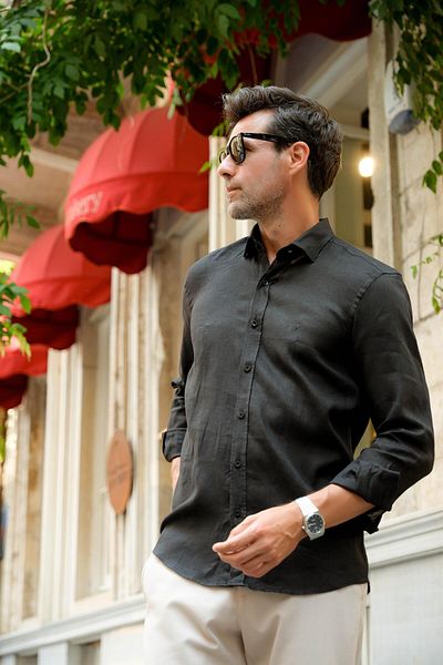 Fitmens Slim Fit Long Sleeve 100% Linen Breathable Fabric Men's Shirt with Gift Box Fs-004170 - Black
