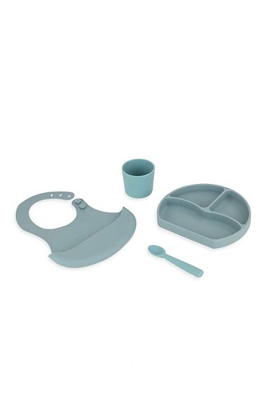 Babyjem Set de hrănire din silicon mentă - șorț, farfurie, ceașcă și lingură fără Bpa