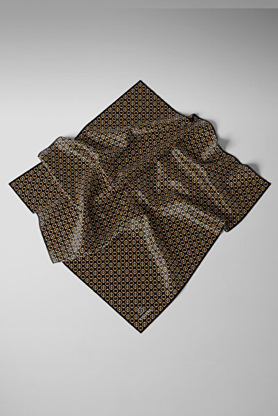 Vissona 100% Twill Silk Chain Pattern Μαύρο - Χρυσό Χρώμα 90x90 Κασκόλ Σχήμα Ραφής άκρων Ραμμένο στο χέρι