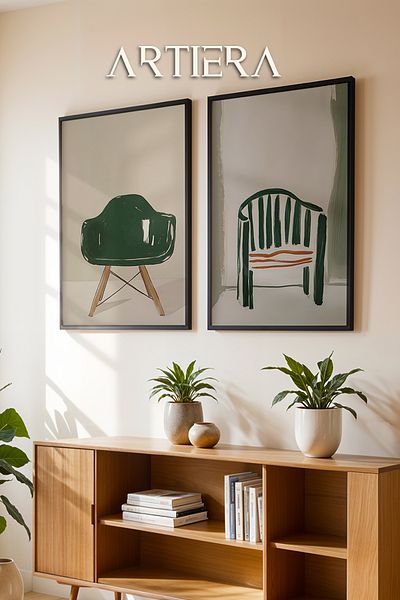 HİGUERA Scaun Modern Verde Măsline Pictură în ulei Sensație Pictură de perete cu cadru dublu din lemn