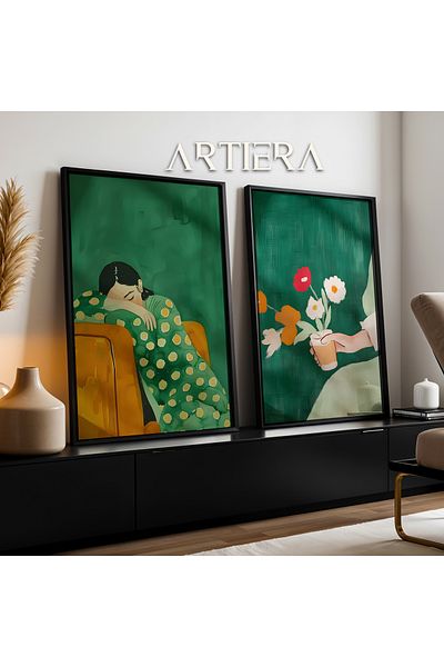 HİGUERA Femeie în odihnă verde smarald și pictură murală cu rame din lemn natural dublu floral