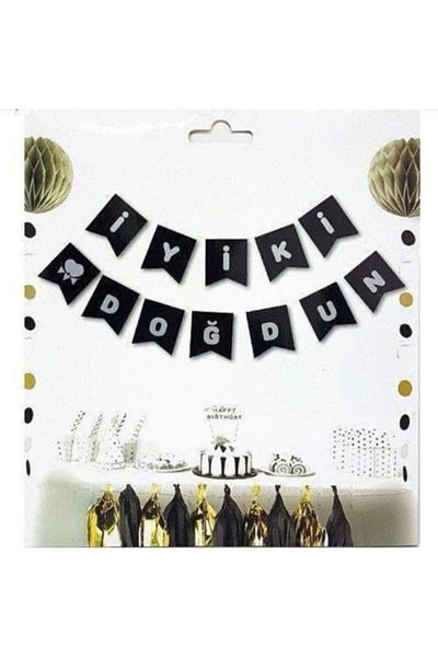 BeySüS Happy Birthday Lettering Black Silver Banner