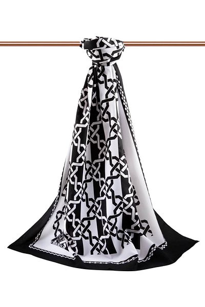 Vissona Luxury Medina Silk Geometric Patterned Black - White Colored 75X195 Wrinkle-Free Shawl Moss Crepe Stitching Type It