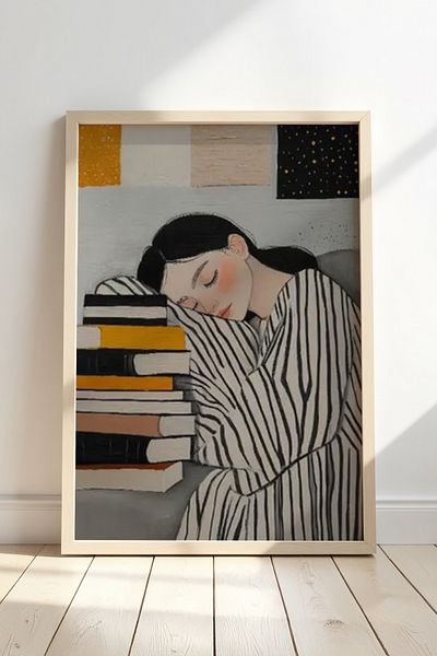 HİGUERA Abstract Drawing While Dreaming with Books Natural Wooden Framed Painting