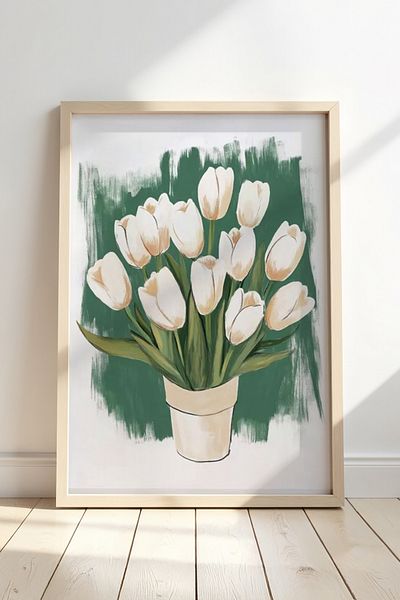 HİGUERA Design buchet de lalele albe - Modern și elegant Touch Pictură de perete cu cadru din lemn natural