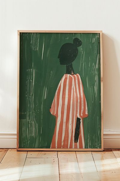 HİGUERA Pictură de perete cu cadru din lemn natural cu figura feminină minimalistă verde Tonda