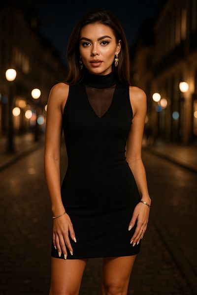 KAZAK Women's Turtleneck Tulle Detail Sleeveless Mini Dress