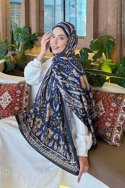 lamelif.com Тъмносиньо златно ретро шарено памучно шалче