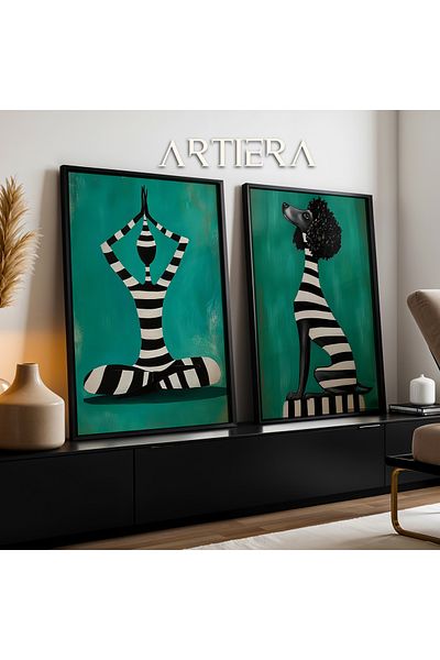 HİGUERA Verde smarald Meditație și Pudel Pictură în ulei Feel Dual Pictură de perete cu rame din lemn