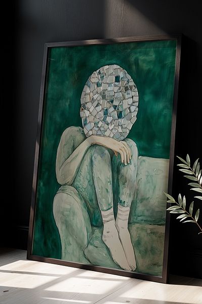 HİGUERA Figura de femeie cu cap mozaic, stil creativ și diferit, pictură în cadru din lemn natural