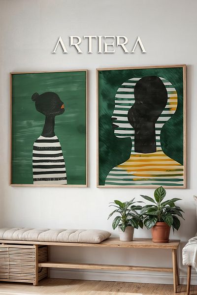 HİGUERA Siluete abstracte cu dungi verde smarald Pictură murală cu rame din lemn natural dublu