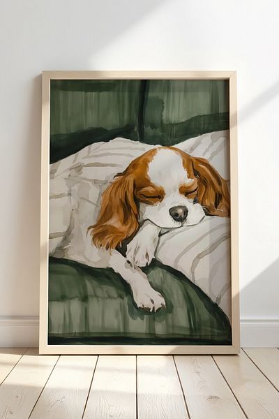 HİGUERA Cavalier Spaniel Sweet Sleep - Pictură murală cu rame din lemn natural, artă liniștită și drăguță