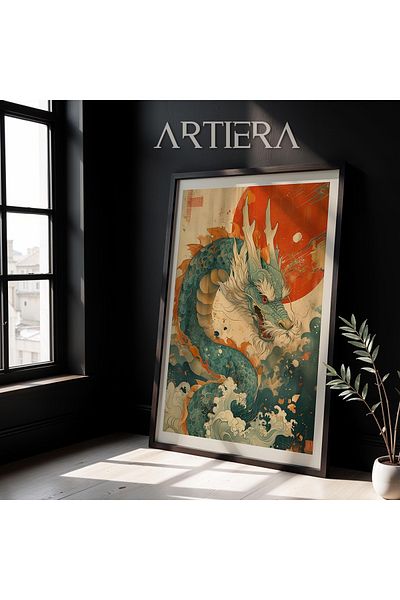 HİGUERA Ocean Dragon - Pictură de perete cu cadru din lemn natural de artă japoneză modernă