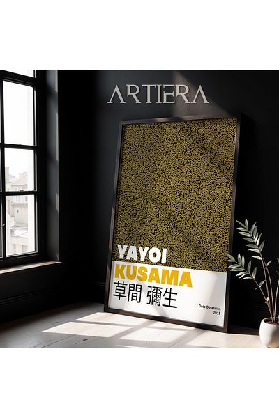 HİGUERA Yayoi Kusama Celebrul pictor Galben Puncte negre Vintage Japandi Art Pictură de perete cu rame din lemn
