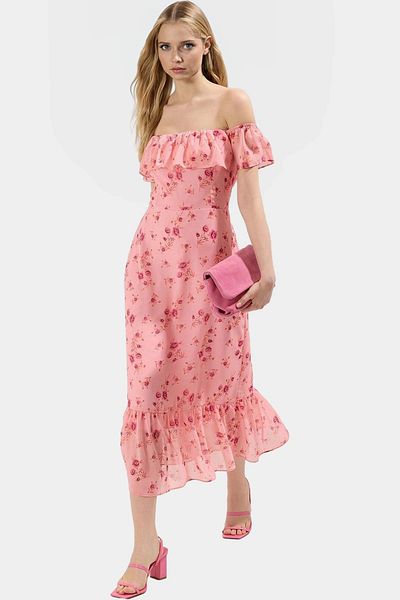 PayBuy Summer Floral Midi Dress Chiffon Woven Lined Carmen Collar Perfect Fit Quality Craftsmanship