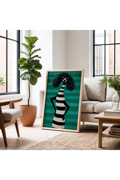 HİGUERA Figurină de câine verde abstractă, pictură de perete cu cadru din lemn natural