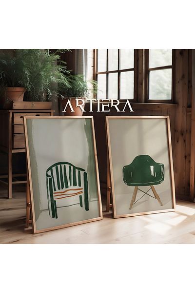HİGUERA Scaun Modern Verde Măsline Pictură în ulei Sensație Pictură de perete cu cadru dublu din lemn