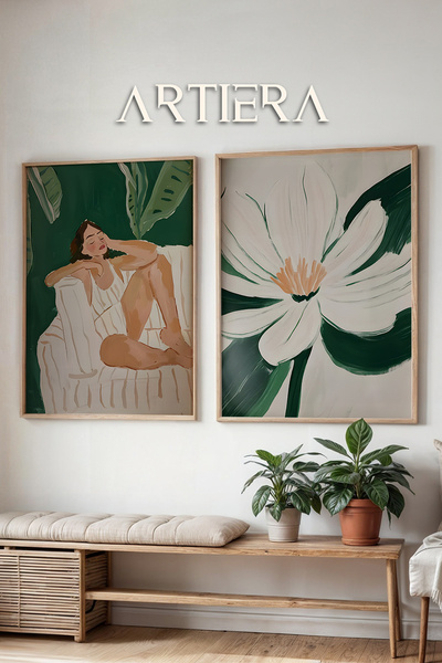 HİGUERA Γυναικεία καθιστή φιγούρα και λευκό λουλούδι Διπλό Φυσικό Ξύλινο Πλαί...