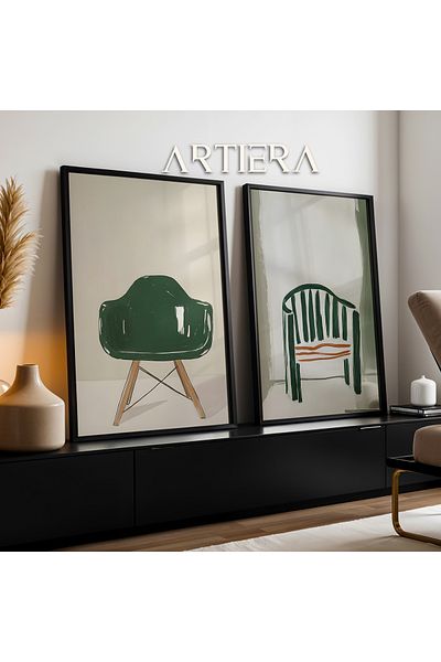 HİGUERA Scaun Modern Verde Măsline Pictură în ulei Sensație Pictură de perete cu cadru dublu din lemn