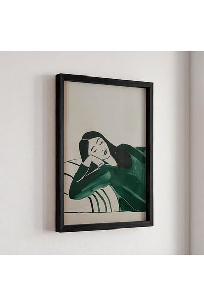 HİGUERA Femeie în odihnă în ton verde minimalist, pictură murală cu cadru din lemn natural