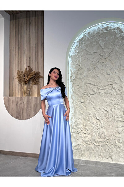 1035 Taş Detaylı Saten Abiye Elbise