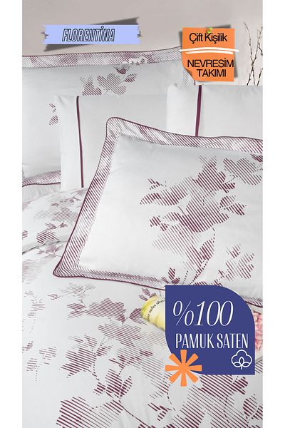 Silkarea Florentina 100% Cotton Satin Duvet Cover Set – Double, Elastic, White-Purple Patterned