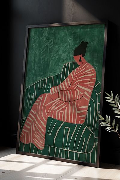 HİGUERA Red Abstract Female Figure Emerald Green Themed Natural Wooden Framed Painting