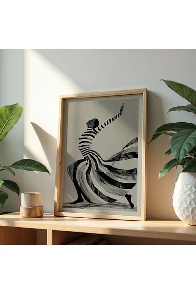 HİGUERA Artistic Black-White - Dansator Minimal și Impresionant Pictură de perete cu cadru din lemn natural